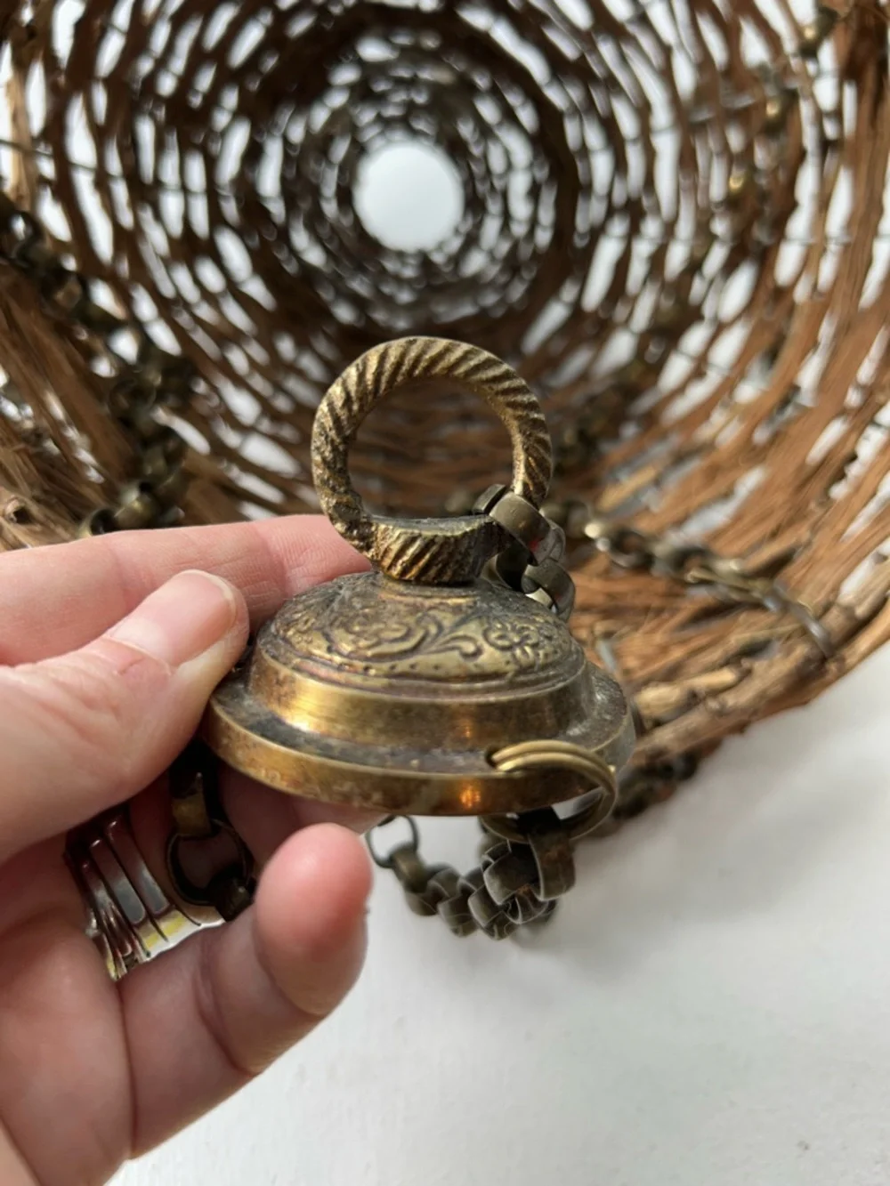 Vintage Hanging Basket Handwoven Natural Twig Brass Hanger Boho 11 Inch